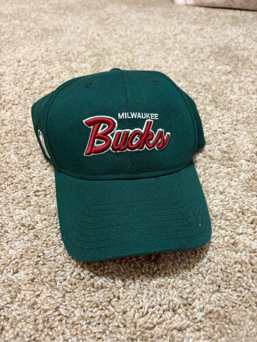 adidas Milwaukee Bucks Green Baseball Cap with Red Script